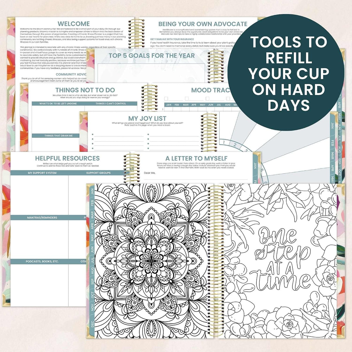 bloom daily planners Undated Chronic Illness Planner & Medical Journal - 12 Month Pain & Symptom Tracker, Mood & Medication Log, Appointment Organizer (7” x 9”) - Chronically Resilient