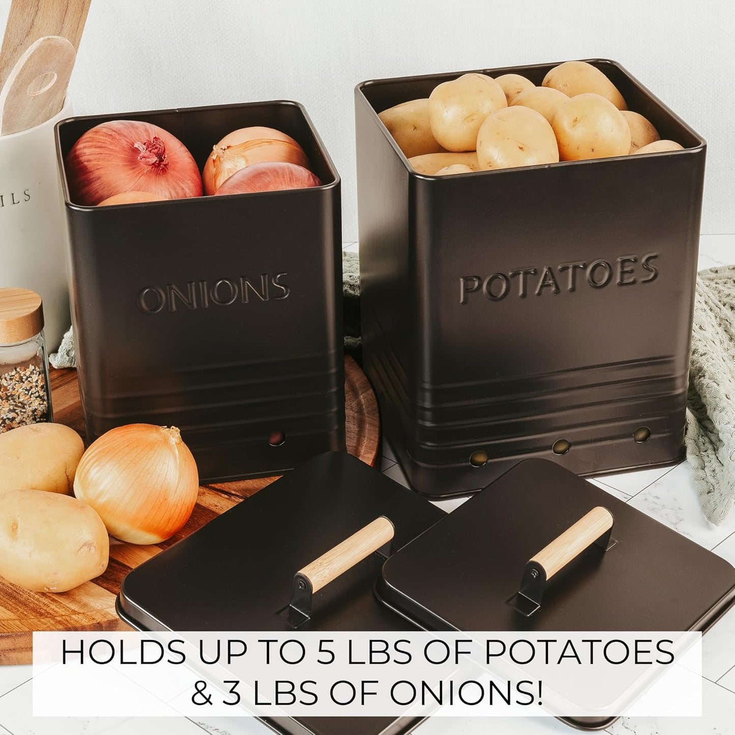 Beautiful Potato and Onion Storage Container Set - Food Safe Metal Bins | Spacious 10.1" and 8.9" Canisters for Your Kitchen Counter or Pantry - Keeps Produce Fresh Longer