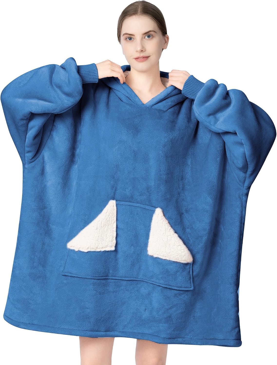 Wearable Blanket Hoodie, Oversized Sherpa Fleece Sweatshirt Blanket with Giant Hood Pocket and Sleeves for Adult, Warm & Cozy Grey Blanket Gifts for Women