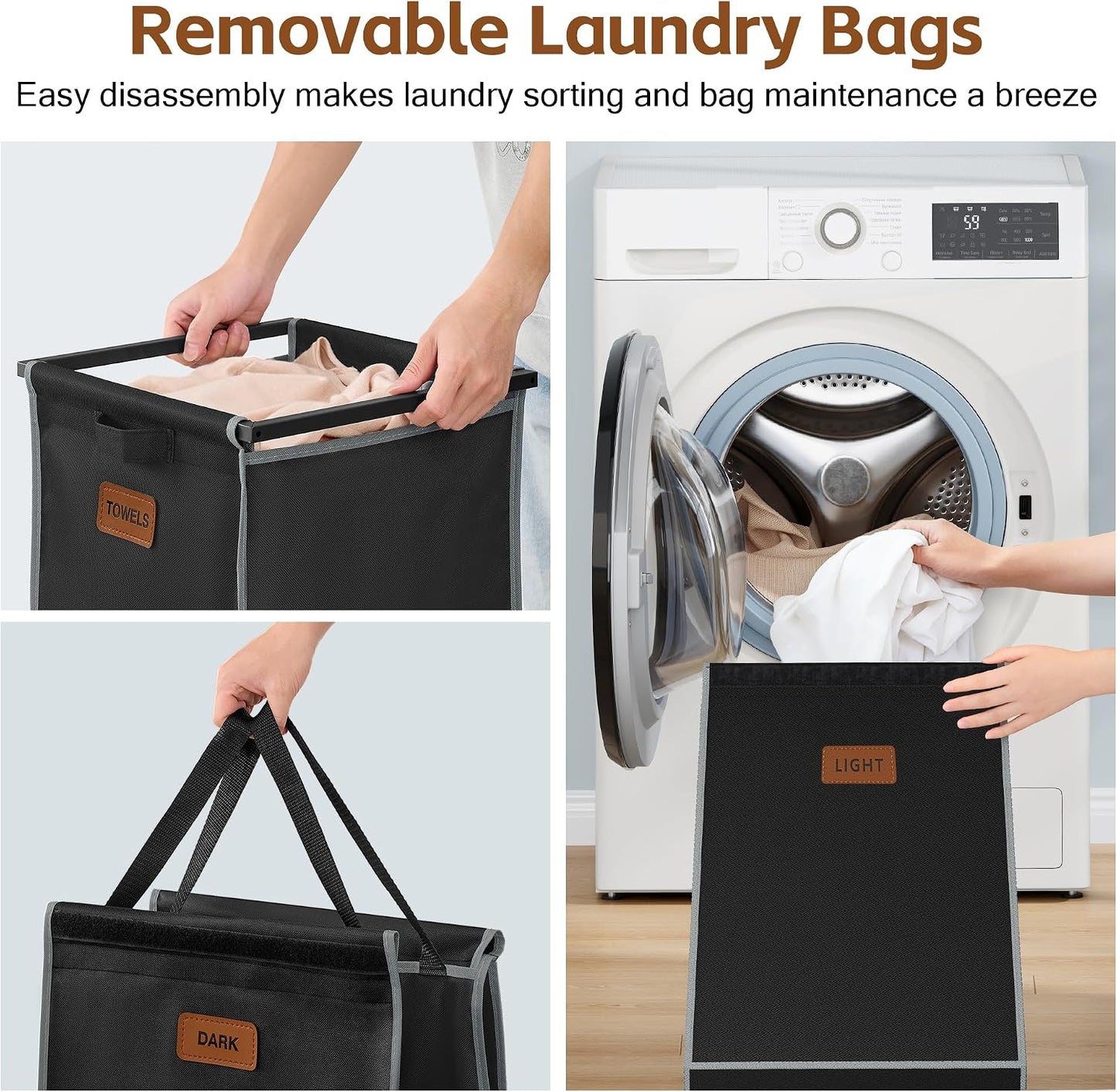 Hoctieon 4 Section Laundry Cart, 52.8 Gal. (200L) Laundry Hamper with Lid, Laundry Basket with Wheels, Rolling Laundry Sorter Organizer with Shelf, Clothes Separator with Removable Bags, Black