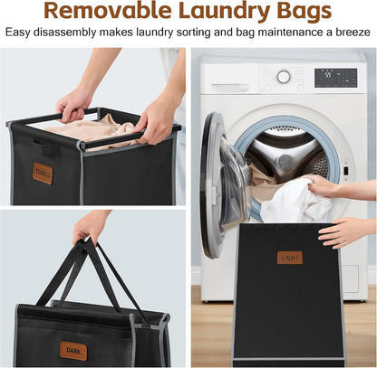 Hoctieon 4 Section Laundry Cart, 52.8 Gal. (200L) Laundry Hamper with Lid, Laundry Basket with Wheels, Rolling Laundry Sorter Organizer with Shelf, Clothes Separator with Removable Bags, Black
