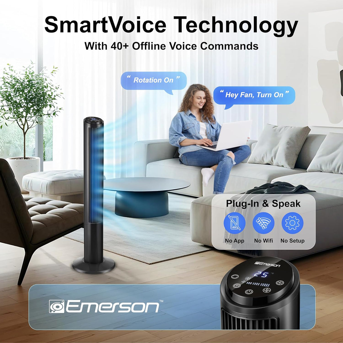 Emerson SmartVoice 40” Tower Fan, Wi-Fi-free Voice Control Fan, Hands-Free Cooling, No WiFi, No App, 70° Oscillation, 3 Speeds, 15-Hr Timer, Sleep Mode & Remote Control