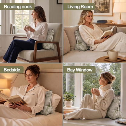 Pat. Pend. Lumbar Support Pillow, Reading Pillow, Moss Green | Back pillow for reading on a couch, sofa, or armchair; triangle cushion with removable, washable cover for lounging