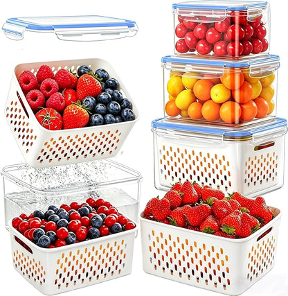 3 Pack Fruit Storage Containers for Fridge with Removable Colander – Airtight Produce Storage Containers with Lids, BPA-Free Berry Keeper for Vegetables, Lettuce & Meal Prep (29oz+59oz+112oz)