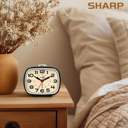 Sharp Small Retro Analog Alarm Clock, Silent Non-Ticking, Battery Powered | 4.3-inch compact size, top snooze control, beep wake sound, easy-read dial, bedside, desk, travel, bedroom, nightstand, shelf