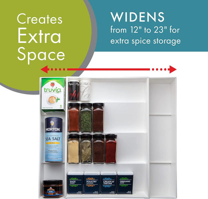 Dial Industries Expandable Kitchen Drawer Spice Jar Organizer Tray | Adjusts to fit narrow or wide cabinets, Keeps seasoning jars upright and visible, Great for pantry or cupboard storage