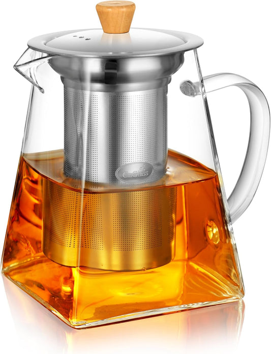 CNGLASS Glass Teapot with Infuser(37.5oz),Clear Tea Kettle with Removable Stainless Steel Strainer,Stovetop Safe Glass Teapot for Blooming and Loose Leaf Tea