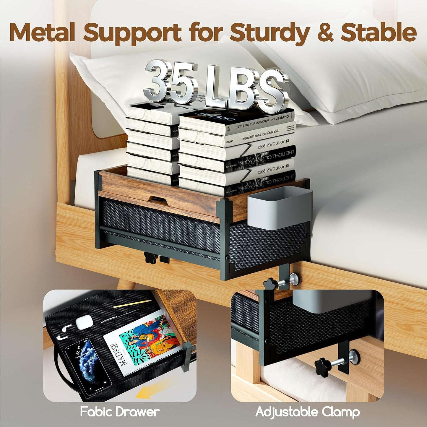 Bedside Shelf for Dorm Room, 2 Tier On Bed Side Table Loft Shelf for Bunk Bed, Bedside Tray with Cable Management, Under Mattress Bedside Shelf, Back to School