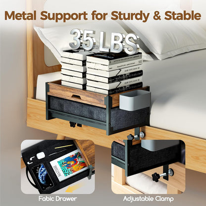 Bedside Shelf for Dorm Room, 2 Tier On Bed Side Table Loft Shelf for Bunk Bed, Bedside Tray with Cable Management, Under Mattress Bedside Shelf, Back to School