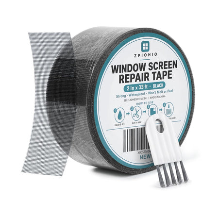 Window & Door Screen Repair Tape, 2in x 33ft Black Mesh Patch Kit | Strong waterproof adhesive resists sun & rain; flexible mesh patch plus cleaning brush for window screens, doors, RV & tents