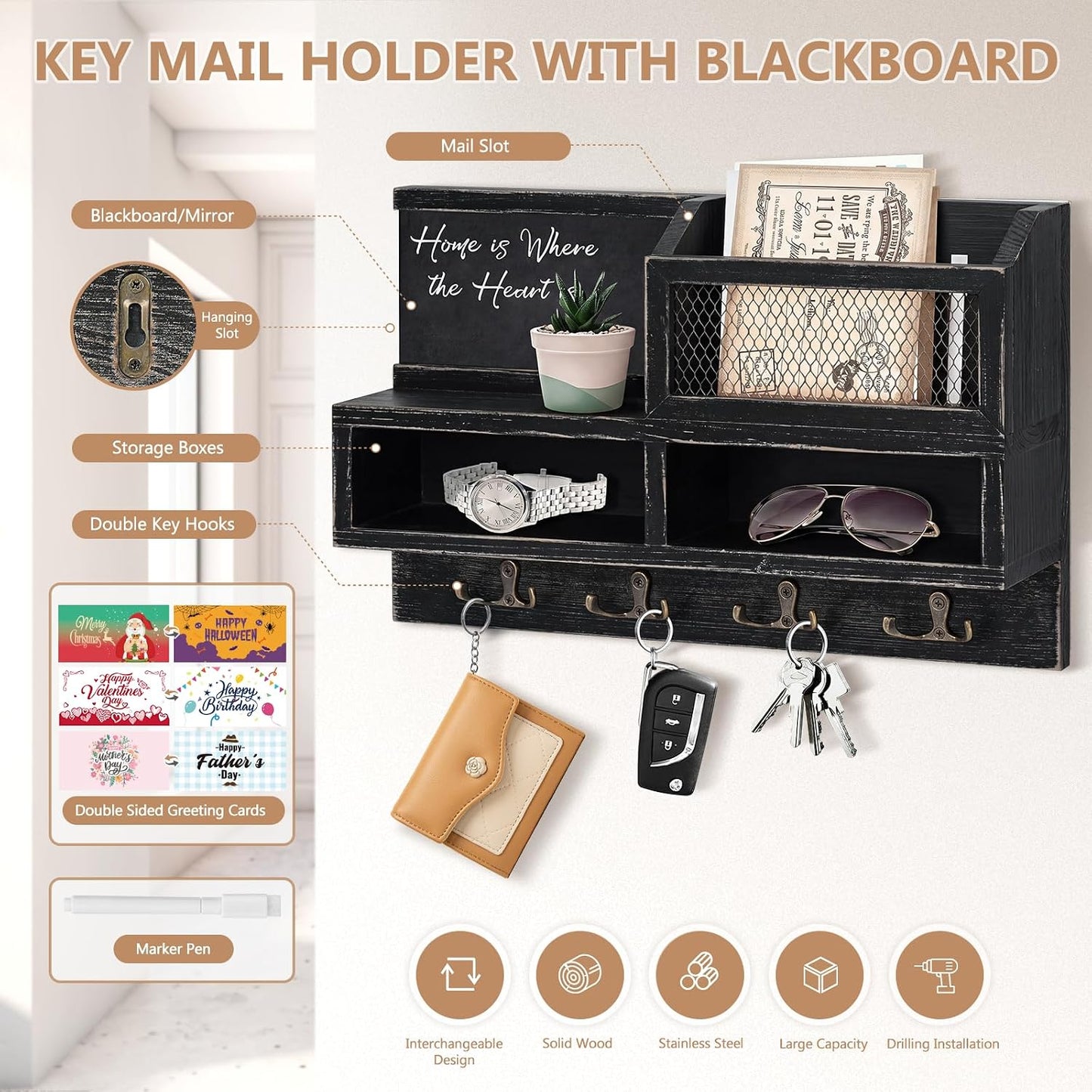 Key Holder Wall Mount, Wooden Mail and Key Organizer, Brown | Rustic Farmhouse Style, 4 Double Hooks, Includes 2 Storage Box, Small Shelf, Mail Slot, for Entryway, Doorway, Hallway, RV