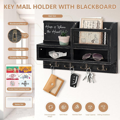 Key Holder Wall Mount, Wooden Mail and Key Organizer, Brown | Rustic Farmhouse Style, 4 Double Hooks, Includes 2 Storage Box, Small Shelf, Mail Slot, for Entryway, Doorway, Hallway, RV