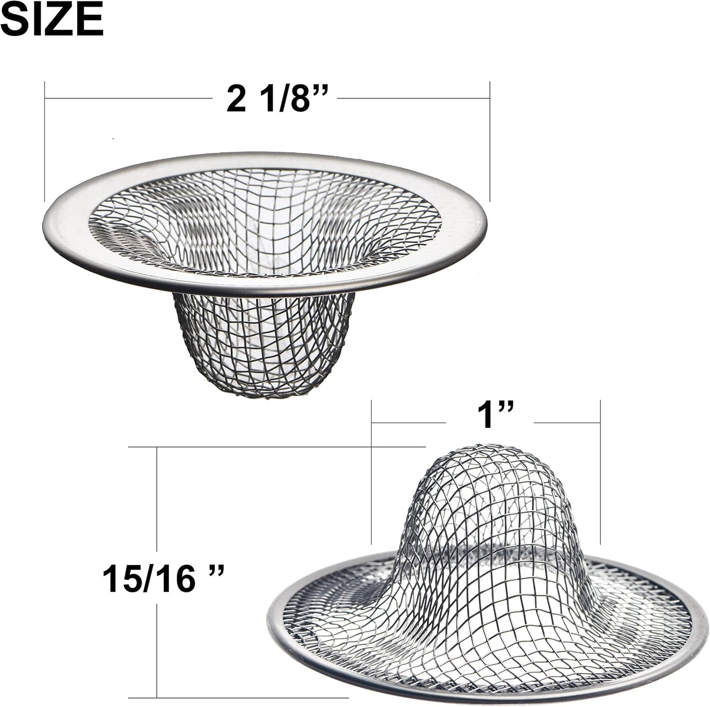 6 Pack - 2.125" Top / 1" Basket- Mesh Sink Drain Strainer Hair Catcher for Bathroom Sink, Utility, Slop, Laundry, RV and Lavatory