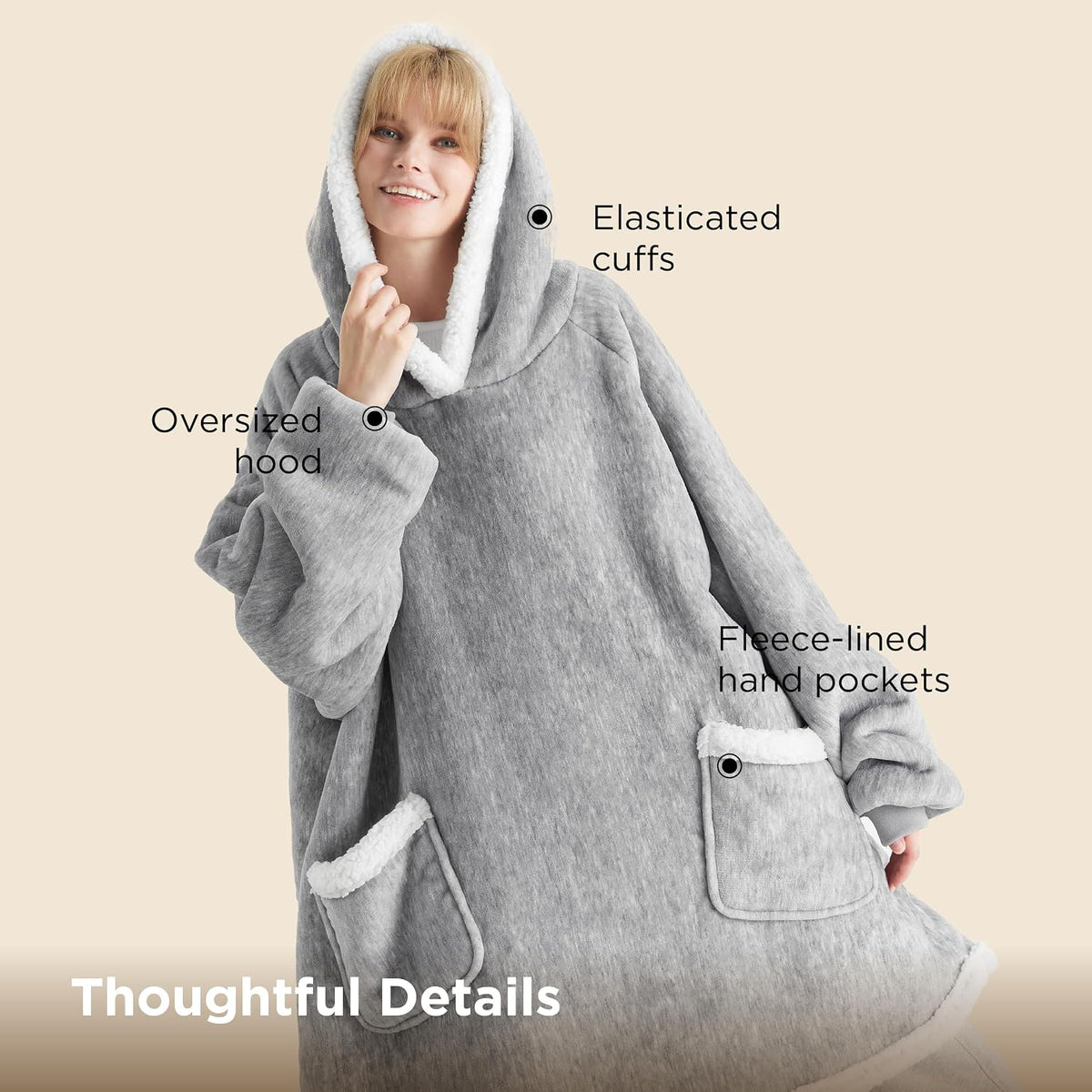 Bedsure Wearable Blanket Sherpa Hoodie Gifts, Sweatshirt, Grey, Standard