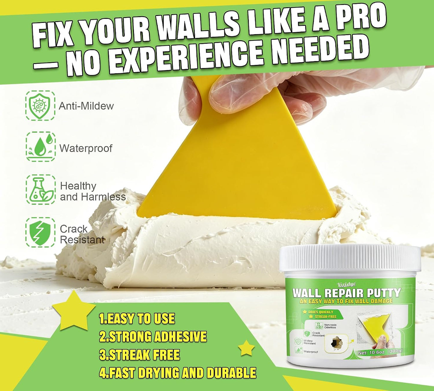 Drywall Repair Kit, Spackle Paste with Patches & Tools for Wall Hole Fix | 10.6oz Wall mending agent for drywall, plaster, wood, stucco. Waterproof, crack-resistant, residue-free ＆ formaldehyde-free