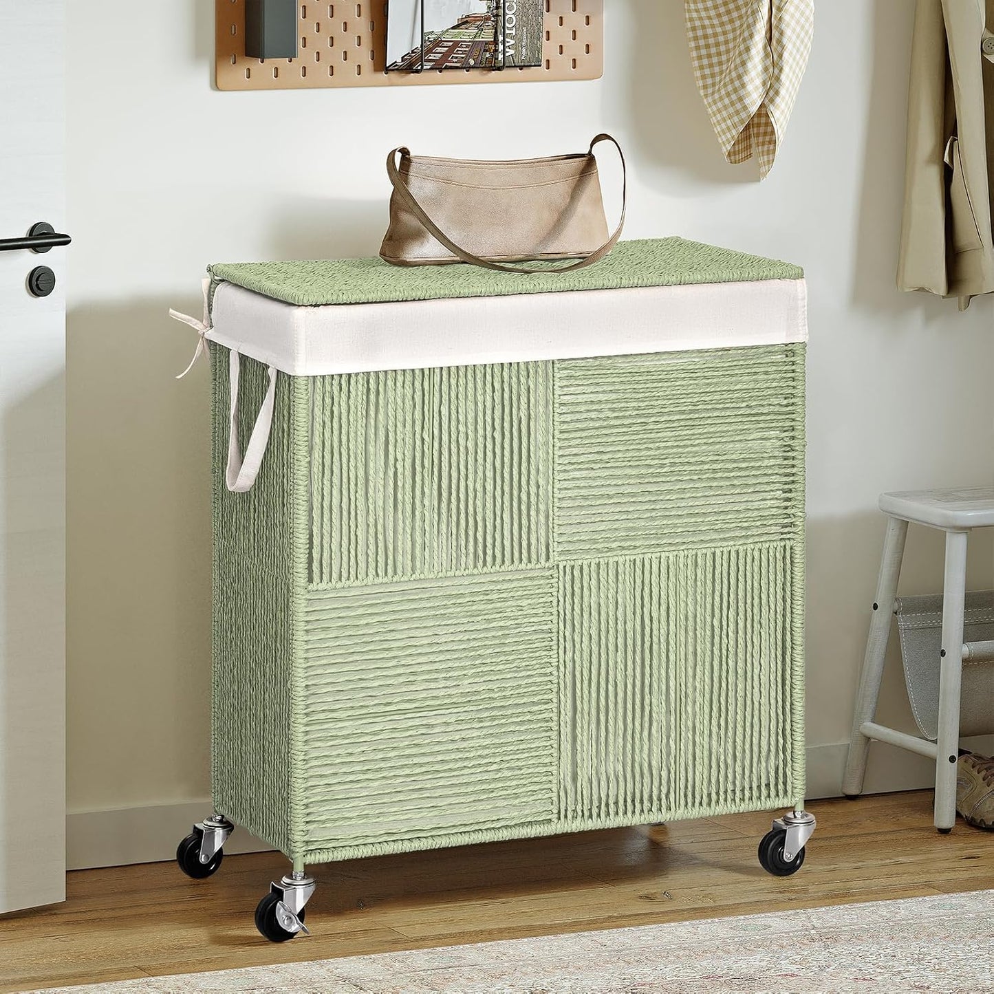WOWLIVE Double Laundry Hamper with Wheels, Handwoven Rolling Laundry Basket | 115L Dirty Clothes Hamper with Lid, Removable Liner Bag, Large Capacity Laundry Sorter Laundry Room Organization, Green