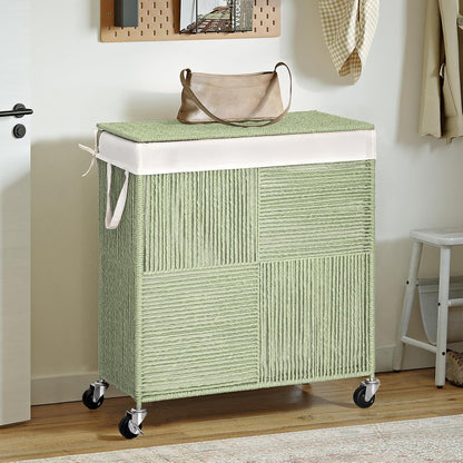 WOWLIVE Double Laundry Hamper with Wheels, Handwoven Rolling Laundry Basket | 115L Dirty Clothes Hamper with Lid, Removable Liner Bag, Large Capacity Laundry Sorter Laundry Room Organization, Green