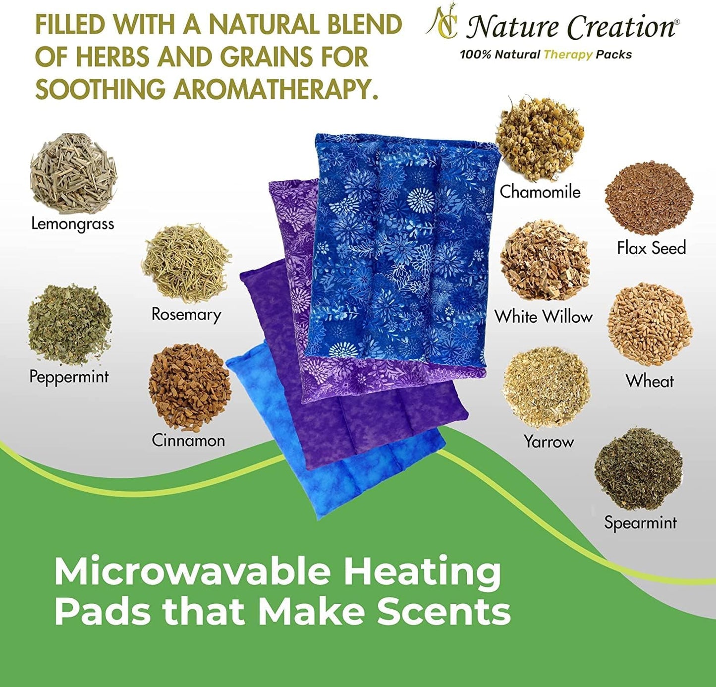 Nature Creation Microwaveable Herbal Heating Pad for Lumbar - Soothing Hot & Cold Therapy Pack for Lower Back- Soothing Relaxation, Warmth and Comfort - Happy Hearts