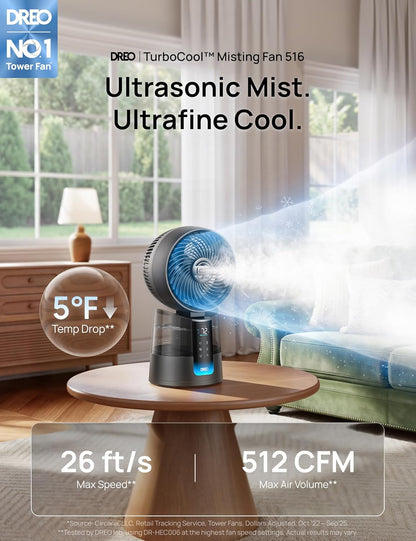 DREO TurboCool Misting Fan 516, 5℉ Drop Cooling Fans that Blow Cold Air | 150°+30° Omni-directional Oscillating, Evaporative air cooler, 26 ft/s Wind, Ultrafine Mist, 20dB, 6 Speeds 2 Modes, Grey