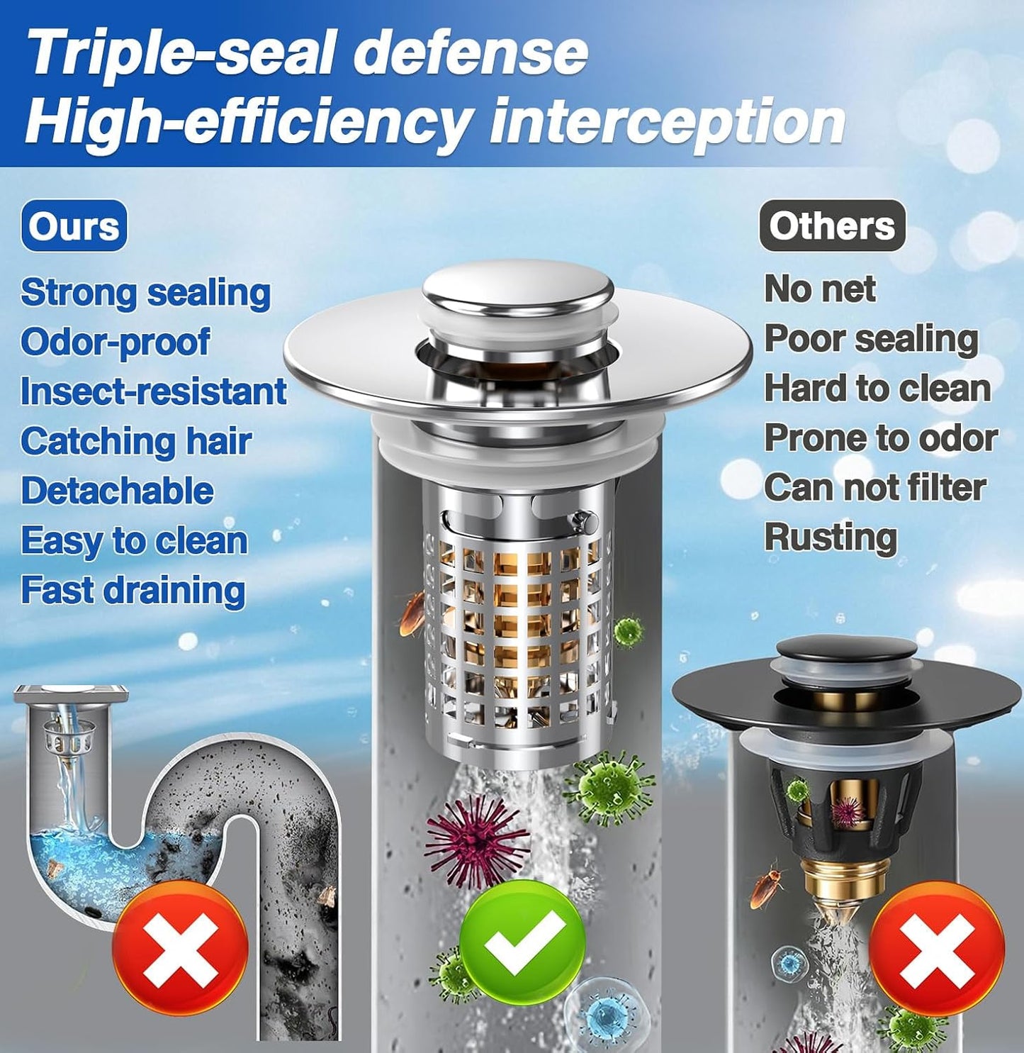 Bathroom Sink Drain Strainer, Pop-up Sink Drain Strainer with Removable Stainless Steel Strainer Basket Hair Catcher, Bathroom Sink Strainer for Bathroom Sink Stopper Replacement(1PCS)