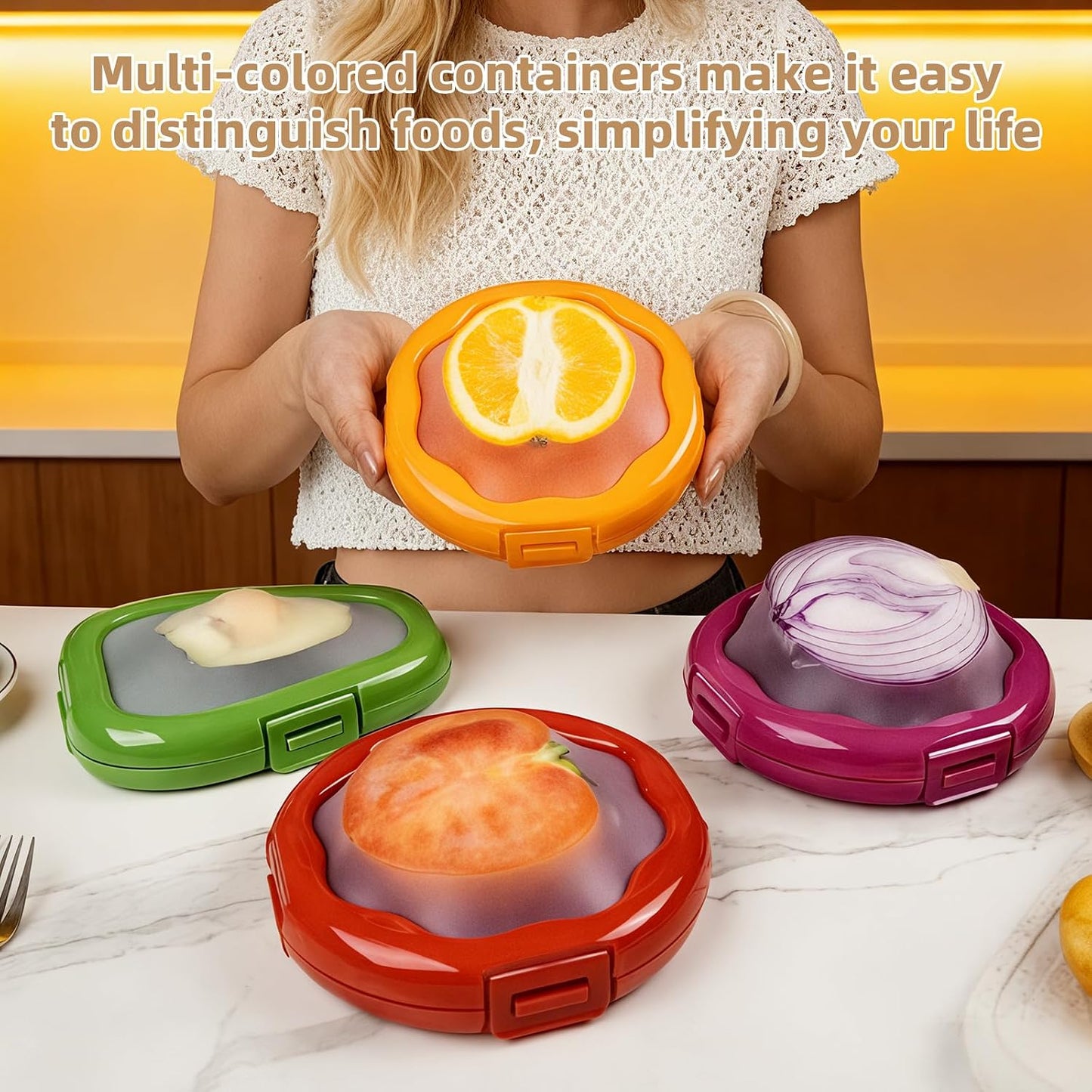 TQRR Avocado Saver and Onion Holder-4Pcs Fruit Fresh Storage Containers | Reusable Silicone, Refrigerator Use, For Fruits & Vegetable Containers, Fits Apples, Lemons, Potatoes, Oranges,Tomatoes