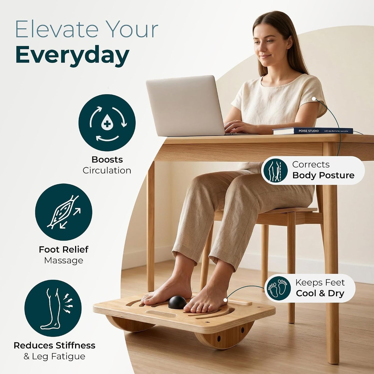 Wooden Under Desk Footrest, Rocking Foot Rest for Under Desk with Massage Ball, Ergonomic Desk Foot Rest, Office Foot Rest Under Desk, Under Desk Foot Stool, Improve Posture & Circulation