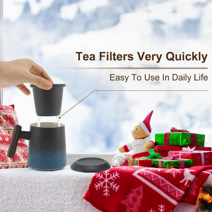 Tea Cup with Infuser, 13.5oz Ceramic Tea Infuser Mug with Wood Handle and Cup Lid, Tea Strainer Cup for Loose Leaf Steeping, Blue&Black