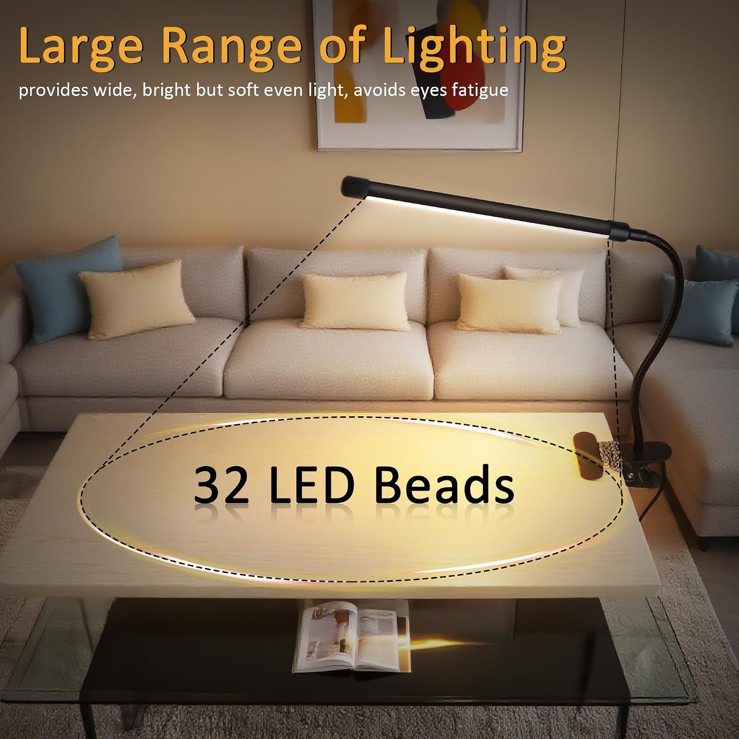 Clip on Desk Lamp with Clamp,Dimmable Eye Caring Book Reading Light for Bed | 54 LED 3 Color 10 Brightness, Push Button,USB Powered with Adapter, Flexible Gooseneck Clamp Lamp for Computer Workbench Nail