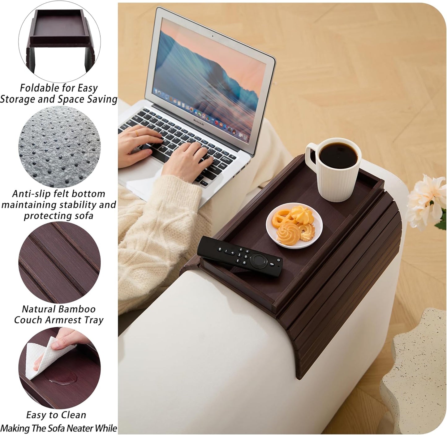 Bamboo Couch Arm Tray Table，Foldable Sofa Armrest Tray Table for Couch，Flexible and Anti-Slip Couch Arm Cup Holder，Portable Sofa Arm Chair Table for Drink,Cups, Eats，Snacks, Phone, Remote