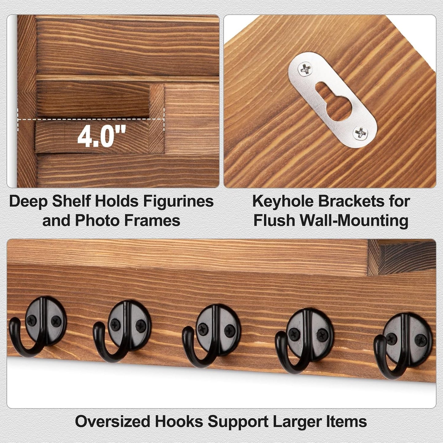 Lwenki Key Holder Wall Mount, Entryway Key and Mail Holder with 7 Sturdy Hooks for Sunglasses, Dog Leash, Decorative Wall Shelf with Mounting Hardware, 15”W x 6.7”H x 4.2”D