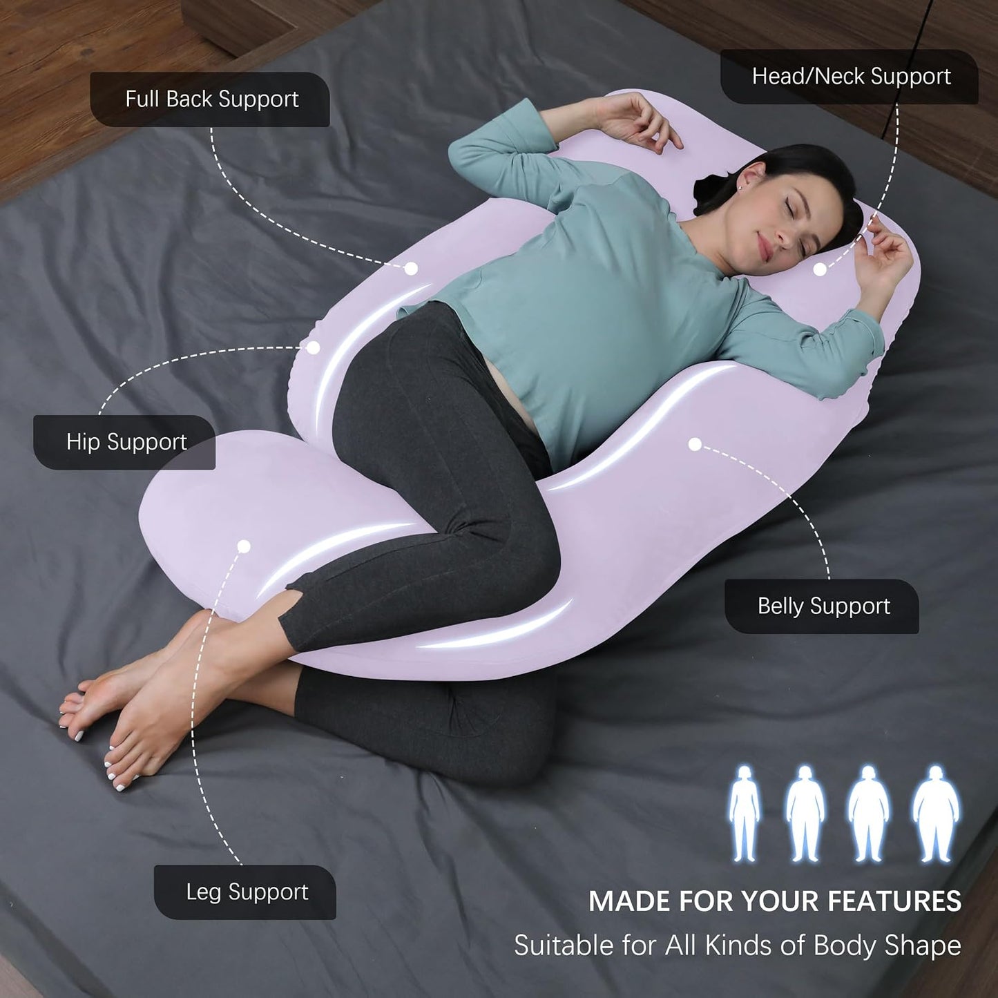 MOON PARK Pregnancy Pillows for Sleeping - 57 Inch U Shaped Full Body Maternity Pillow with Removable Cover - Support for Back, Legs, Belly, Hips - Pregnancy Pillow for Women - Grey