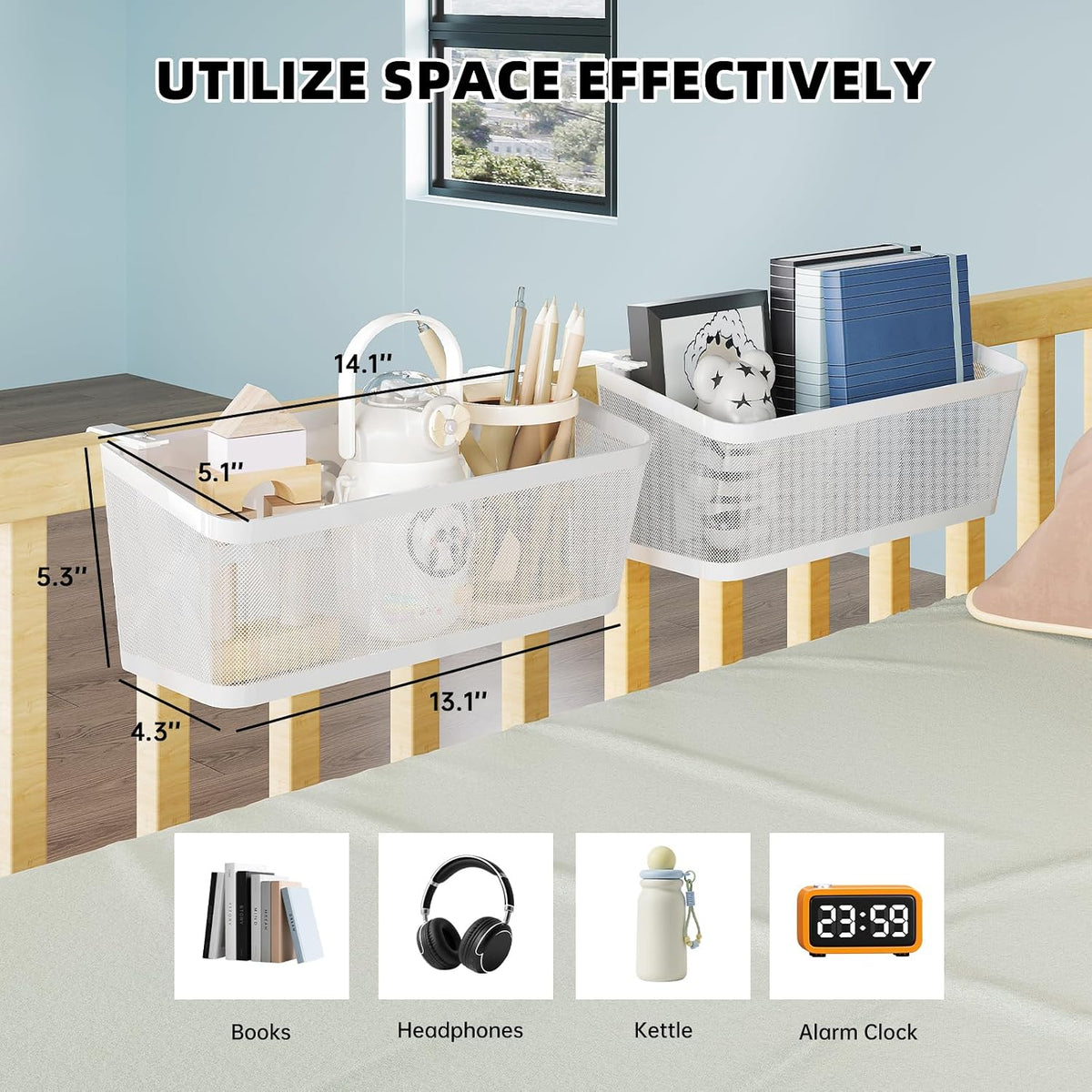 2 Pack Bedside Caddy Organizer, White Metal Hanging Storage Baskets for Bed Rail and Headboard, Bunk Bed Shelves, College Dorm Room Essentials, Holds Phones, Books, Tablets and Bottles (Extra Large)
