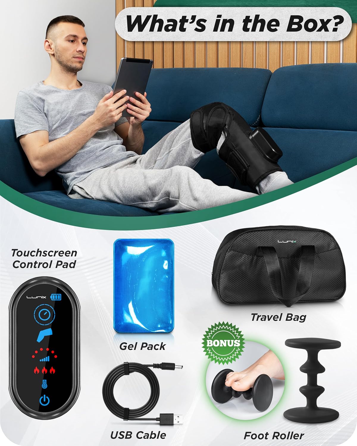 Lunix LX4 FSA Cordless Knee Massager with Heat, Compression & Vibration, Rechargeable Wrap for Knee, Calf & Thigh, Hot/Cold Therapy Option, Touchscreen Control for Everyday Comfort, Charcoal Black