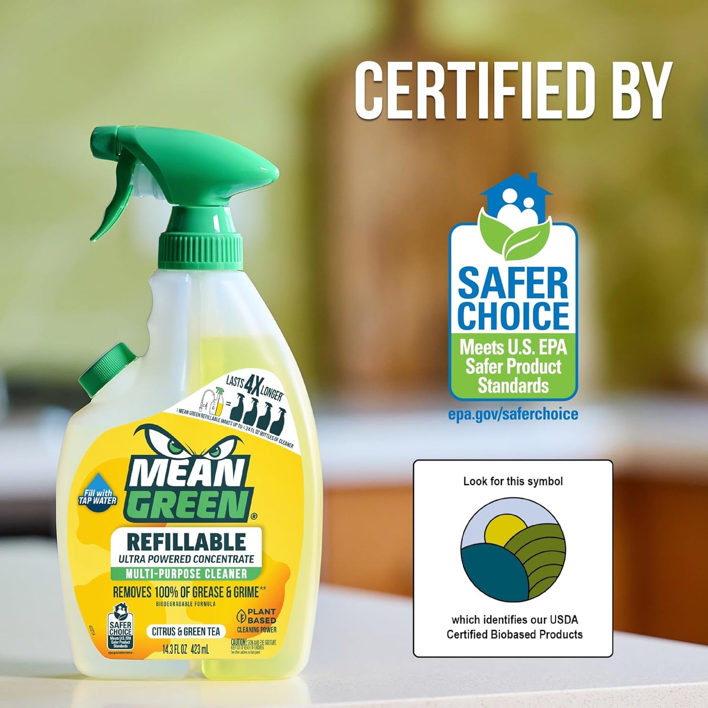 Mean Green Refillable Ultra Powered Multi-Purpose Cleaner Concentrate, Citrus & Green Tea, 14.3 fl oz – Plant & Mineral Based, Cuts Through Grease & Grime, Refillable Bottle Makes 4X Refills