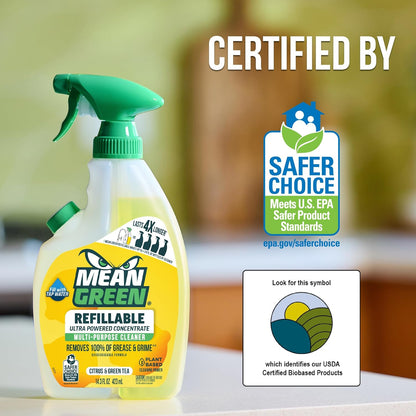 Mean Green Refillable Ultra Powered Multi-Purpose Cleaner Concentrate, Citrus & Green Tea, 14.3 fl oz – Plant & Mineral Based, Cuts Through Grease & Grime, Refillable Bottle Makes 4X Refills