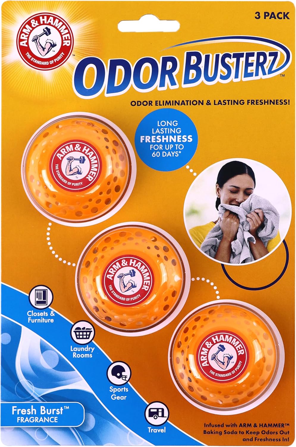 Arm & Hammer OdorBusterz® Odor Eliminator Balls, Clean Burst, 3 Count – Baking Soda Odor Control for Closets, Drawers, Hampers & Small Spaces