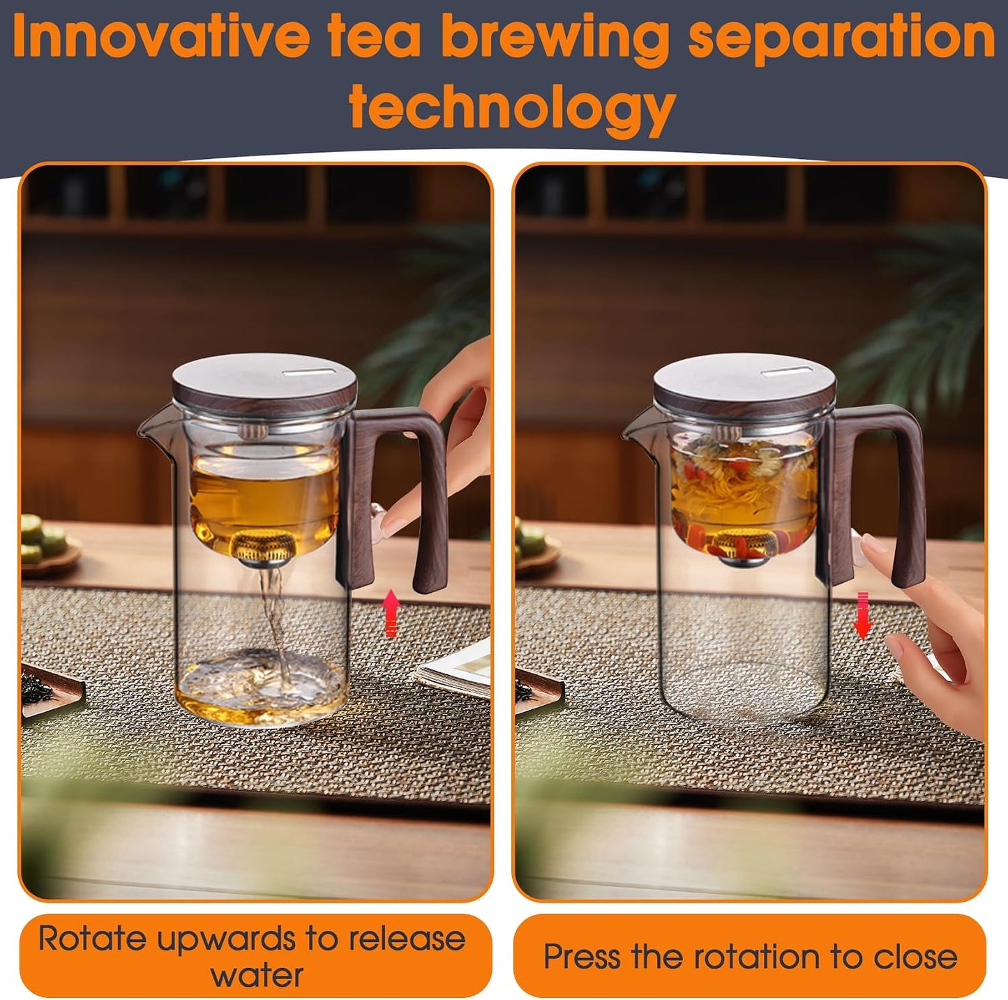 Glass Tea Pot - High Borosilicate Magical Glass Teapot with ABS Handle, Water Separation Design & Infuser Strainer - 720ml/24.3oz Large Capacity Teapot fo Tea Parties, Home, Office