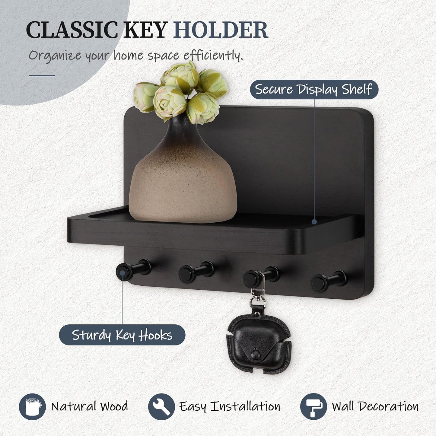 Nekon Key Holder for Wall with Shelf, Pine Wooden Key Hanger, Black | Small Wall Mounted Key Holder with 4 Hooks, Farmhouse Wall Organizer for Home Entryway & Apartment