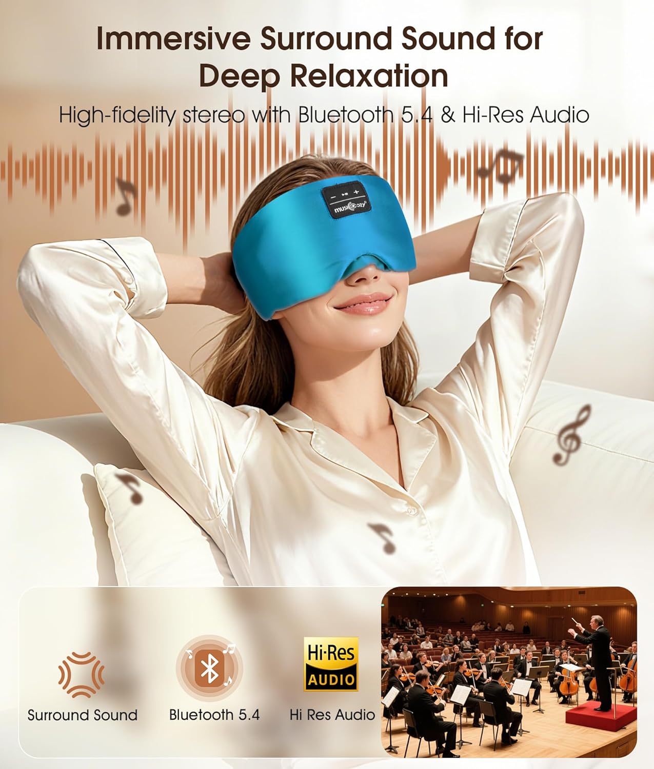 MUSICOZY 3D Mulberry Silk Sleep Mask Bluetooth 5.4 Headphones Full Coverage | Luxury Silk Eye Mask with Blackout Design Ultra Thin Speakers, Side Sleeper Comfort for Travel Relaxation Gifts for Men Women