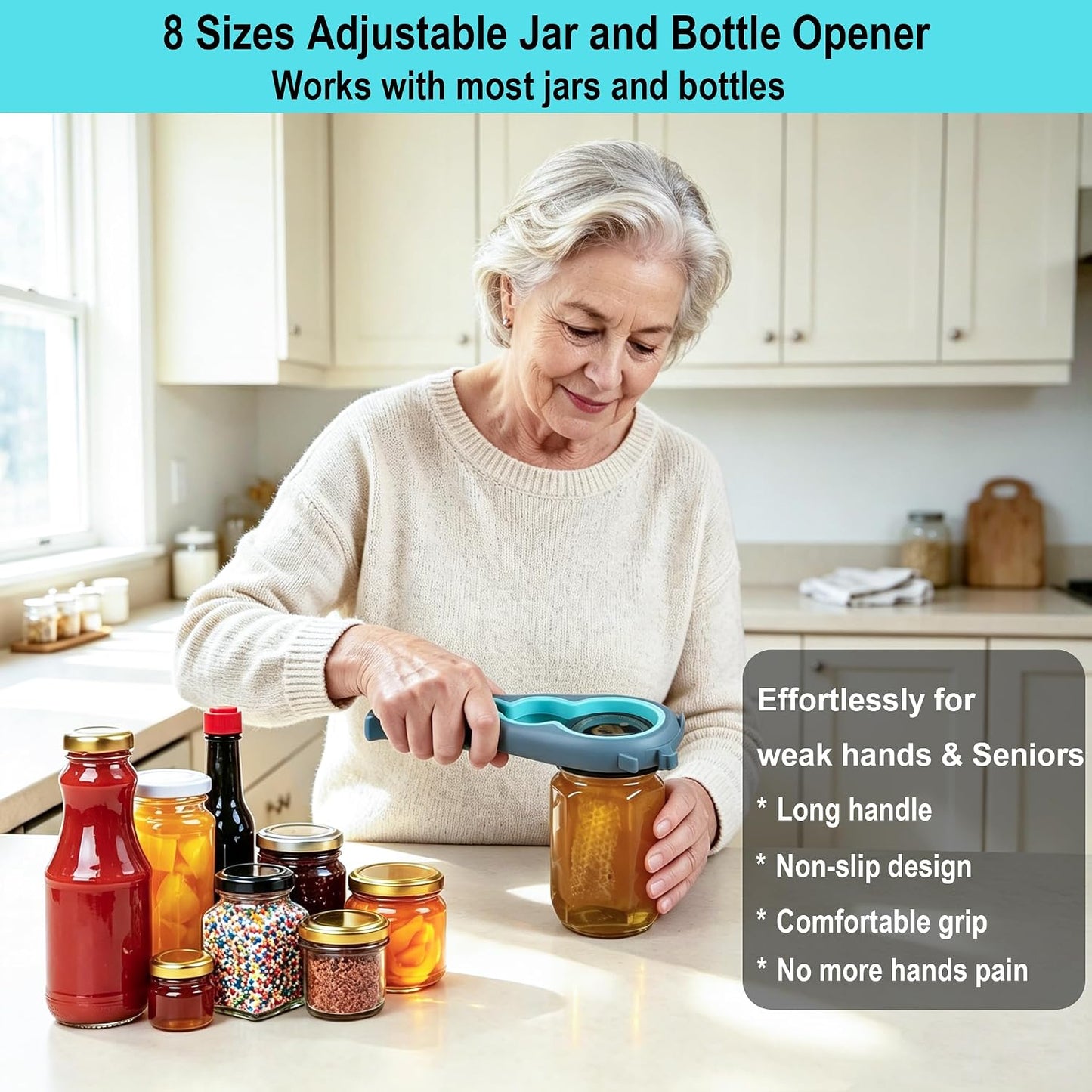 Jar Opener for Weak Hands, Seniors with Arthritis, 5 in 1 Bottle Opener | Multi-use Lid Opener Set with Non-slip Rubber Gripper Pad & Wine Opener, Great for Senior Parents, Grandparents or Loved Ones
