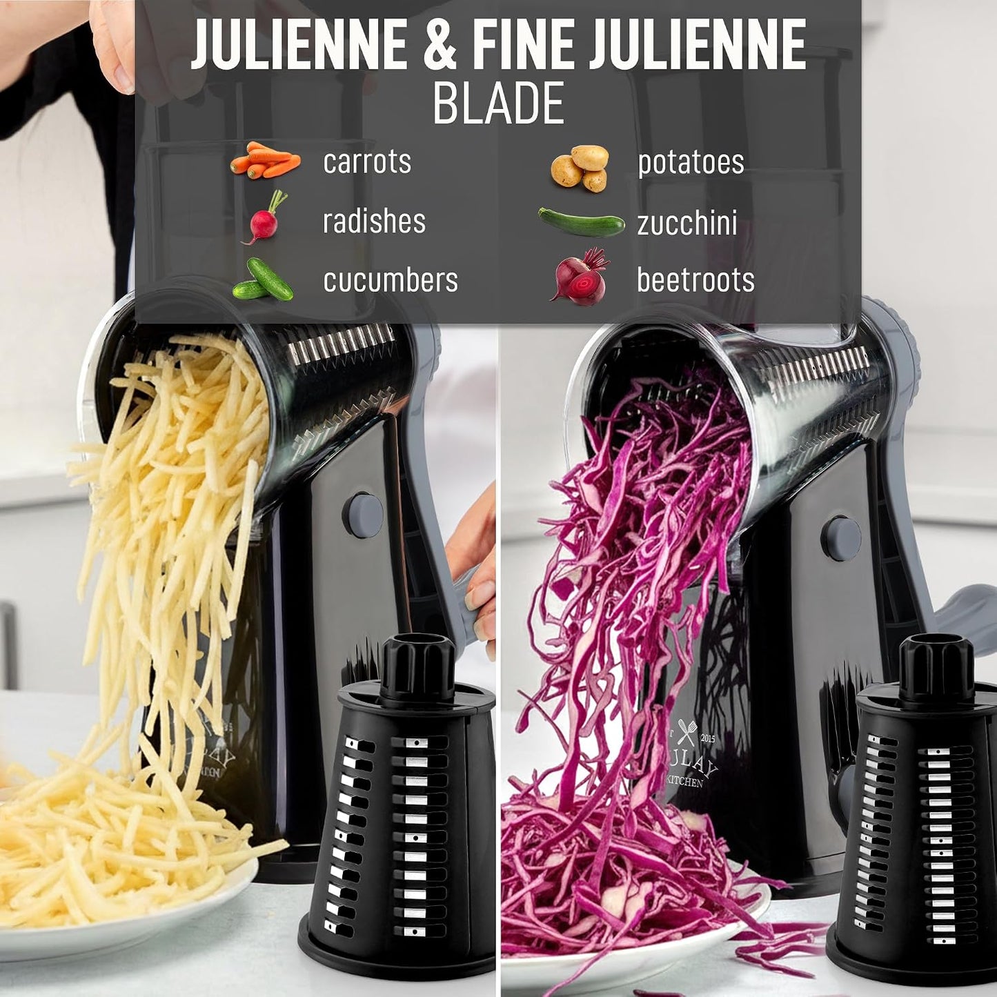 Zulay Kitchen Rotary Cheese Grater 5 Blade Cheese Shredder - Manual Hand Crank Cheese Grater With Reinforced Suction & 5 Interchangeable Drums - Easy to Use, Vegetable Chopper Round Mandoline Slicer - Colors B