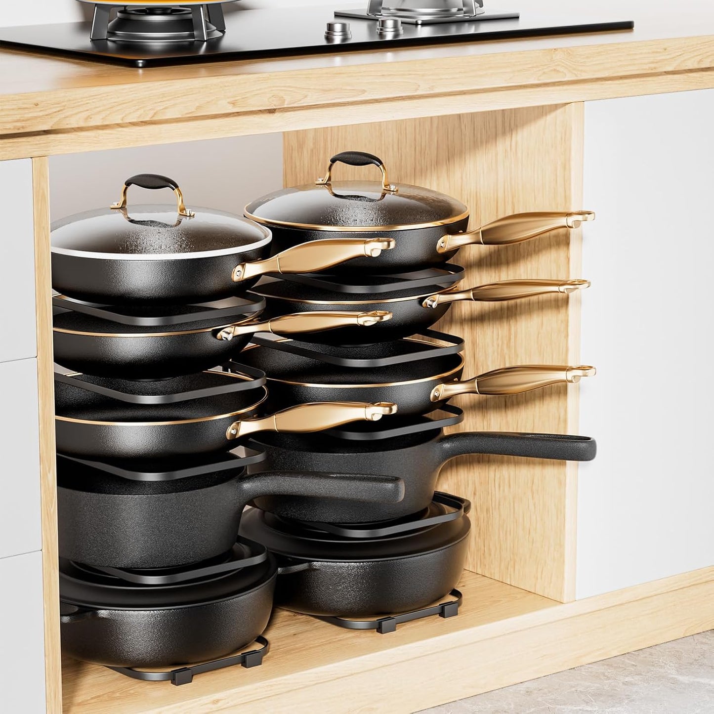 5-Tier Pot and Pan Organizer 13.6", No Assembly Cookware Rack 1-Pack | One-piece Design, Multi-height Layered,Anti-Tip Structure, Dual Vertical & Horizontal Use, Fits Cast Iron Pans & Dutch Ovens