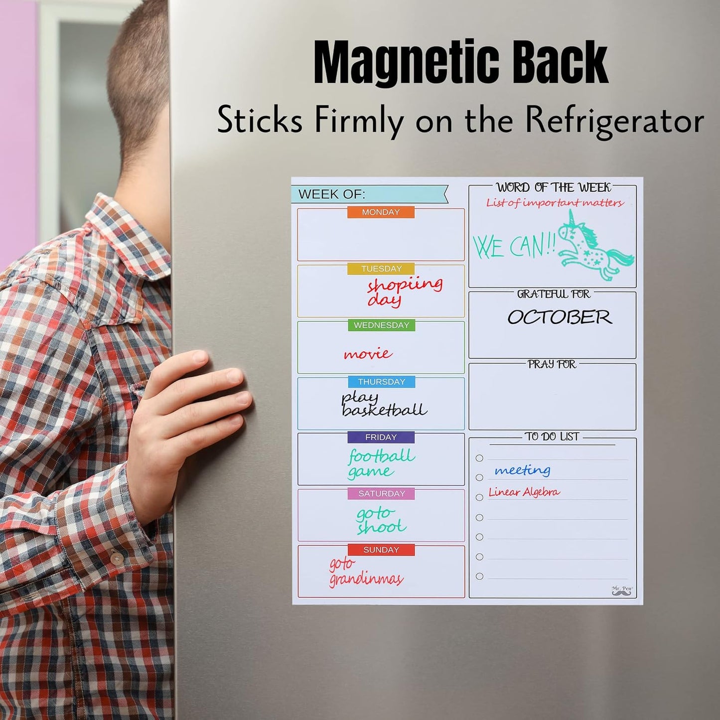 Mr. Pen- Magnetic Weekly Dry Erase Planner for Fridge, 12x15 Inches | Dry Erase Whiteboard Fridge Calendar with 4 Markers & Large Writing Space for Schedules, Chores