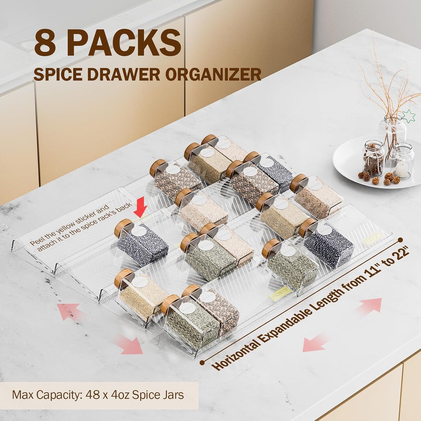 Spice Drawer Organizer, 8 Pack Clear Seasoning Organizer Rack | Expandable From 11" to 22" Wide, Kitchen Spice Rack Organizers for Drawer, Countertop, (Jars Not Included)