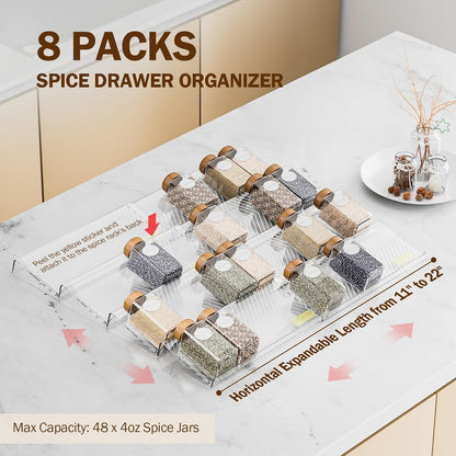 Spice Drawer Organizer, 8 Pack Clear Seasoning Organizer Rack | Expandable From 11" to 22" Wide, Kitchen Spice Rack Organizers for Drawer, Countertop, (Jars Not Included)