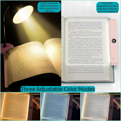 XL LED Flat Book Light for Reading at Night in Bed, Matte Pink | Eye-Caring Page Illuminator 3 Color Temperatures Stepless Dimmable USB Rechargeable, Portable Flat Panel Lamp with Soft