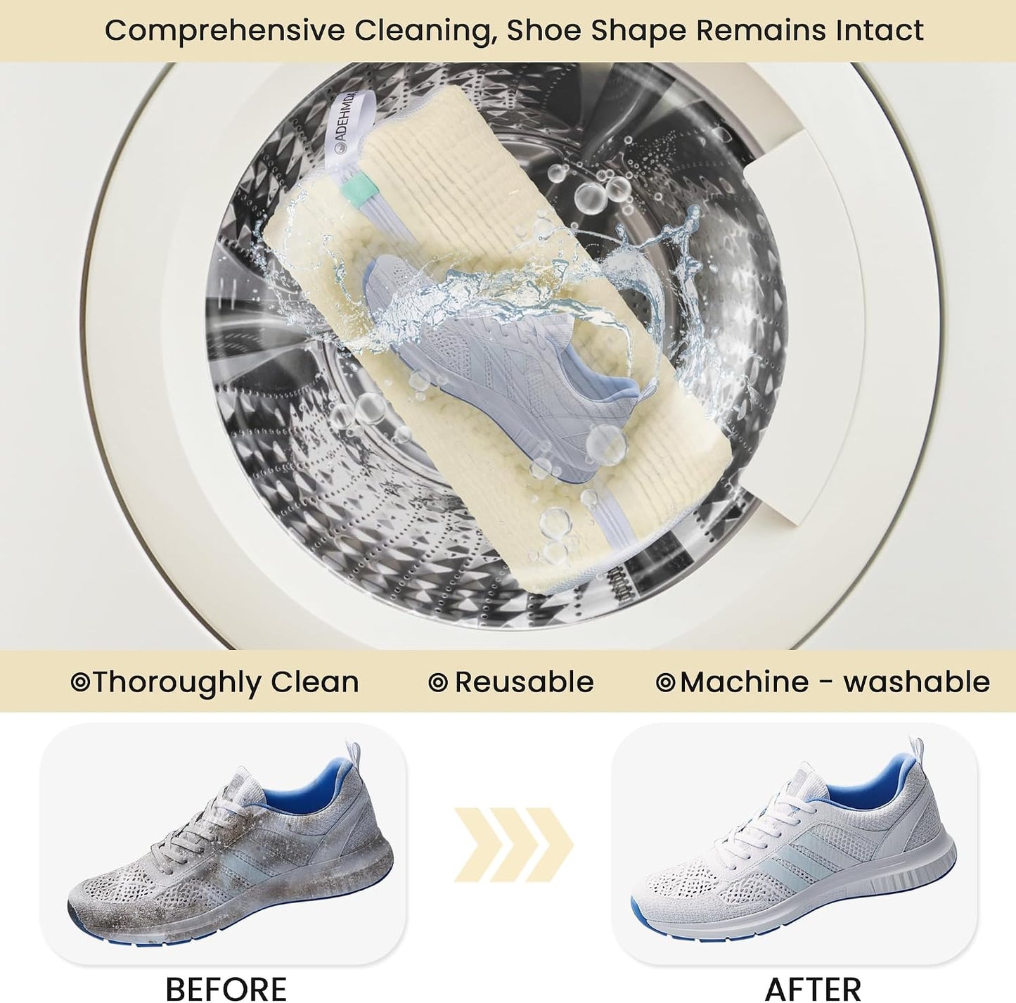 1 Pcs Shoe Washing Machine Bag, White | Extra Long and Thick Microfibre Fluff, Reusable for Washer & Dryer, All-Around Cleaning for All Shoe Types