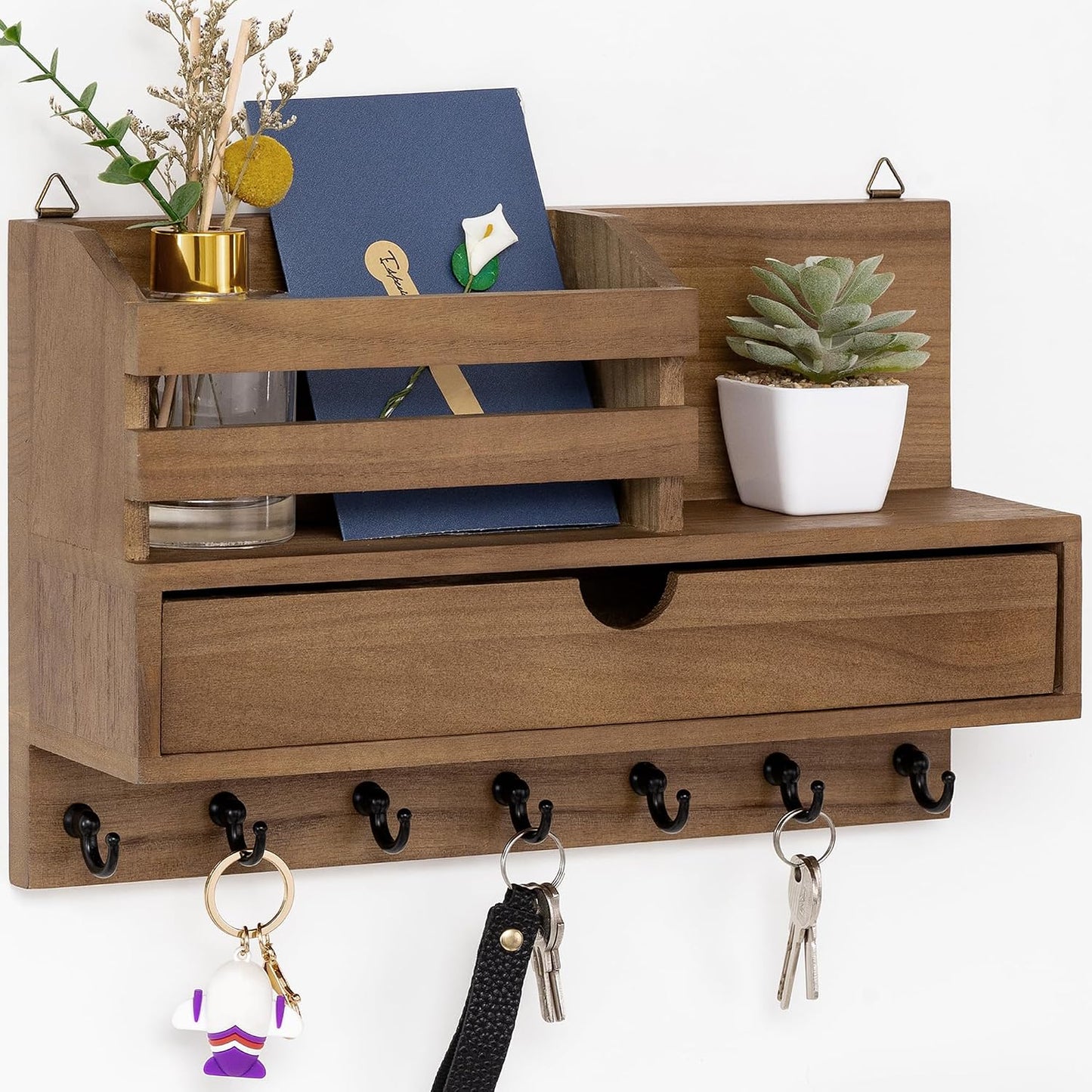 dreampossible Key and Mail Holder for Wall, Mail Organizer Wall Mount with 6 Hooks and Storage Drawer, Wooden Key Rack Hanger with Shelf for Entryway and Home Decor