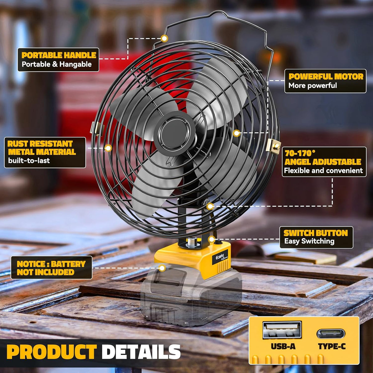 Ecarke 4" Clip Fan Compatible with Milwaukee 18V Battery (Tool Only) 3-Speed Cordless Clip-On Fan with 360° Rotation Low Noise Portable Desk Fan for Camping Jobsite Tent Fishing Outdoor