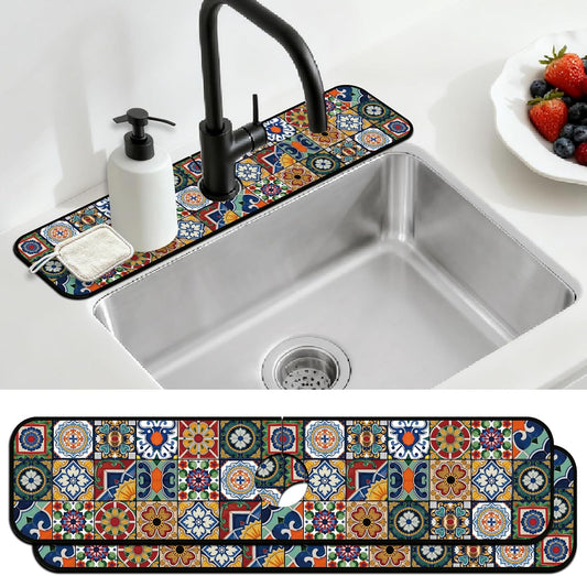 2 Pcs Kitchen Sink Splash Guard Faucet Mats Vintage Porcelain Flowers and Birds Pattern Faucet Mat for Sinks Absorbing Drying Mat for Kitchen Bathroom, 23.6x5.5inch